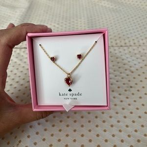 Kate Spade Red Zircon Love Rose Gold Cute Heart-Shaped Necklace and Earrings Set